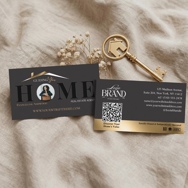 Svart Guld Professionell Fastighetsmäklare för Hem Visitkort (Black Gold Professional Home Real Estate Agent QR Business Card)