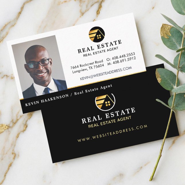 Svart Guld Professionell Fastighetsmäklare Foto Visitkort (Black Gold Professional Real Estate Agent Photo Business Card)
