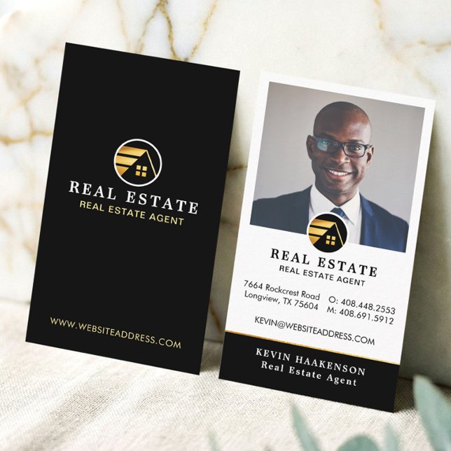 Svart Guld Professionell Fastighetsmäklare Foto Visitkort (Black Gold Professional Real Estate Broker Photo Business Card)