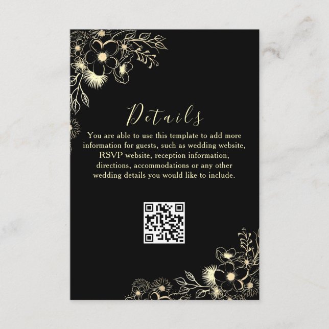 Svart Guld QR-kod Bröllopsdetaljkort Tilläggskort (Framsida)