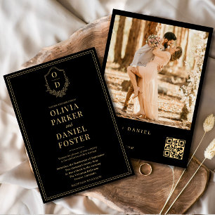 Svart Guld QR-kod Crest Foto Bröllop Inbjudningar