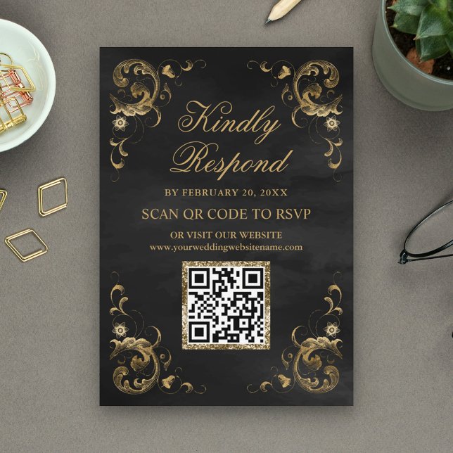 Svart Guld QR-kod RSVP Bröllopswebbplats Tilläggskort (Skapare uppladdad)