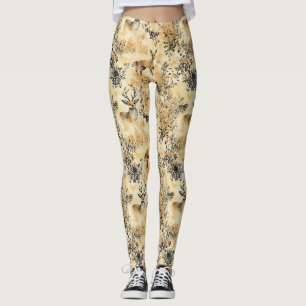 Svart Guld Räf Botanisk Viktoriansk Mönster Leggings