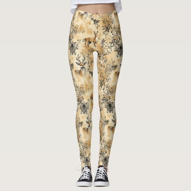 Svart Guld Räf Botanisk Viktoriansk Mönster Leggings (Framsida)