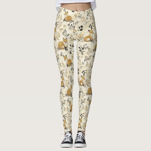 Svart Guld Räf Konsthantverk Blommönster Leggings (Framsida)