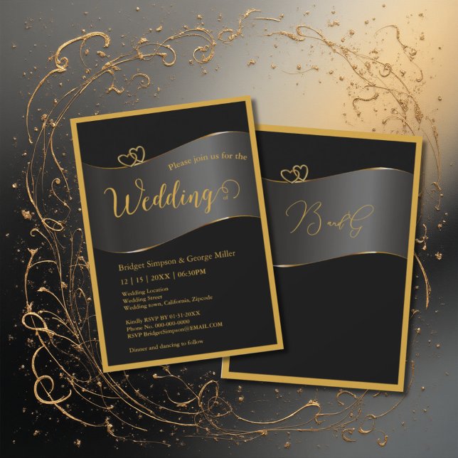 svart guld ram monogram typografi bröllop inbjudningar (Skapare uppladdad)