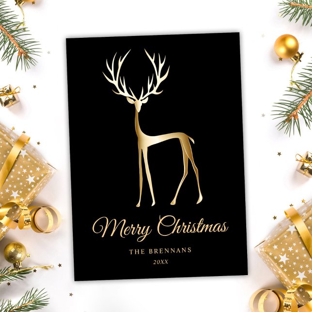 Svart Guld-renare med minimalistisk Elegant Julkort (Minimalist Elegant Christmas Black Gold Reindeer Holiday Card)