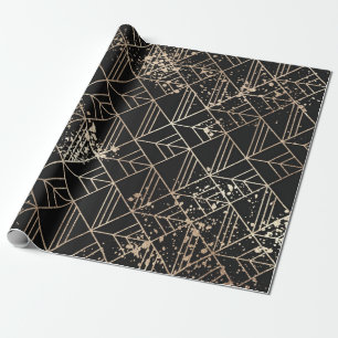 Svart Guld Retro Art Deco Geometric Paint Splatter Presentpapper