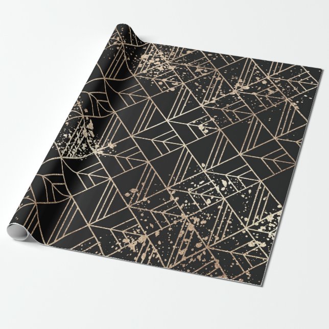 Svart Guld Retro Art Deco Geometric Paint Splatter Presentpapper (Utrullad)
