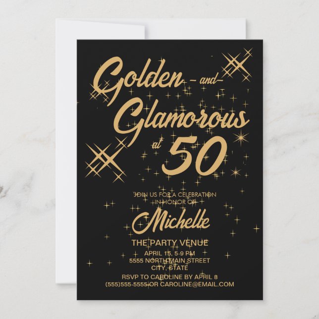 Svart Guld Retro Glamoröst 50-årsfirande Inbjudningar (Framsida)