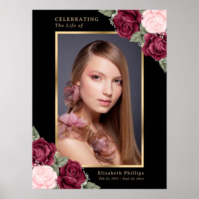Svart Guld Röd Blommig Foto Minnesmärke Begravning Poster (Framsidan)