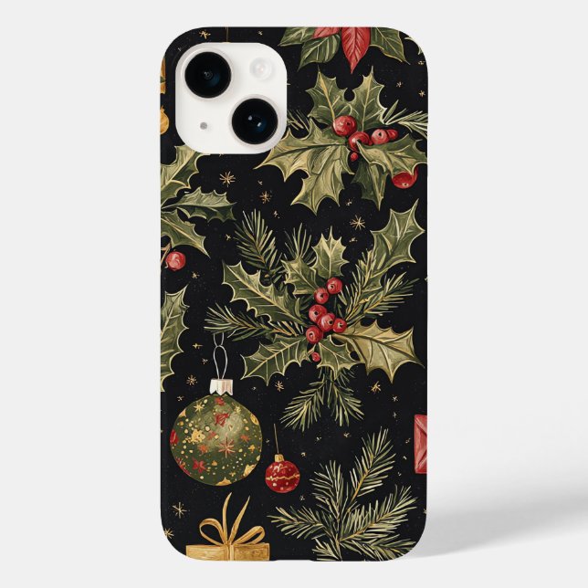 Svart Guld Röd Jul Holly Mönster (Baksida)