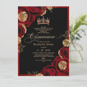 Svart Guld Röda Rosor Princess Quinceañera Inbjudningar