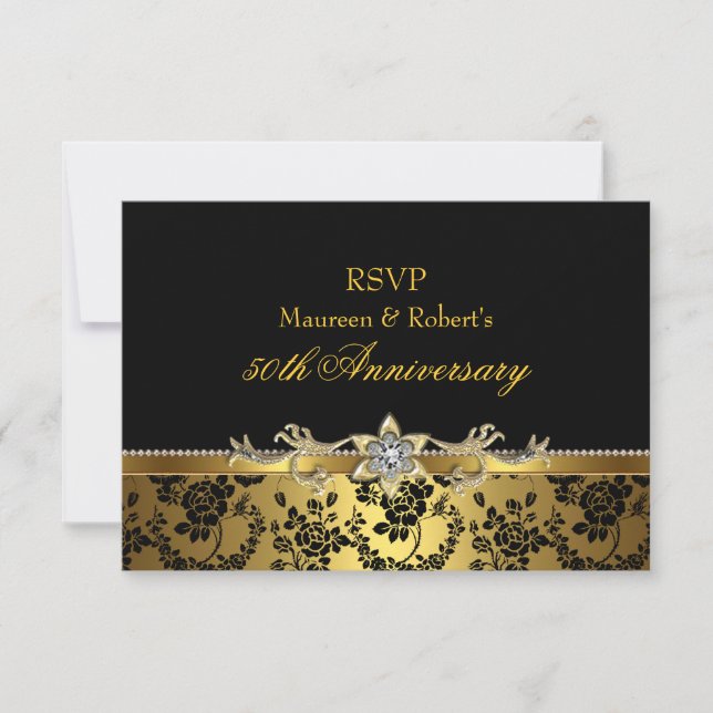 Svart & guld Rosa 50-årsjubileum RSVP OSA Kort (Framsida)