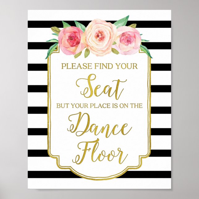 Svart Guld Rosa Akvarell Blommig Bröllopsskylt Poster (Framsidan)
