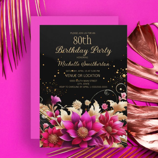 Svart Guld Rosa Blommig 80-årsfest Inbjudningar (Black, fuchsia, and gold floral 80th birthday party invitation)