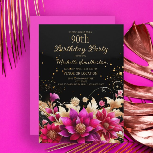 Svart Guld Rosa Blommig 90-årsfest Inbjudningar (Black, fuchsia, gold floral 90th birthday party invitation)