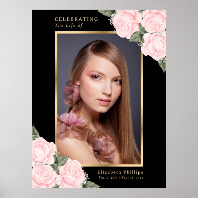 Svart Guld Rosa Blommig Foto Minnesmärke Begravnin Poster (Framsidan)