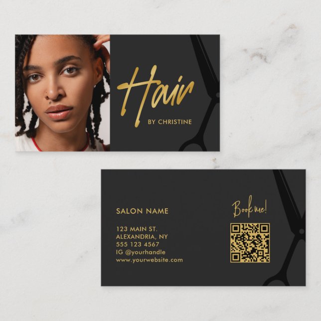 Svart Guld Script Salong Modern Foto Frisör Visitkort (Fram/baksida)