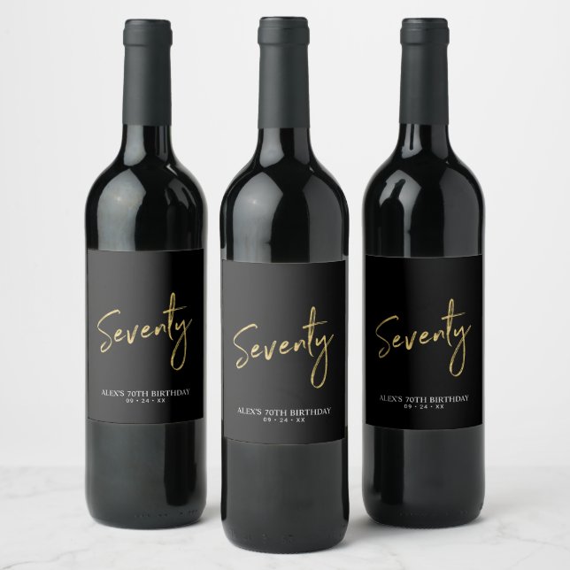 Svart & Guld Seventy Script 70-årsfest Vinflaska Etikett (Flaskor)