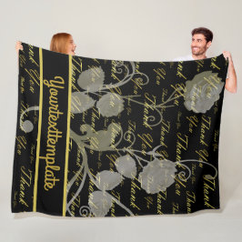 Svart, guld, silver, tack, blommor, blommigt. fleecefilt