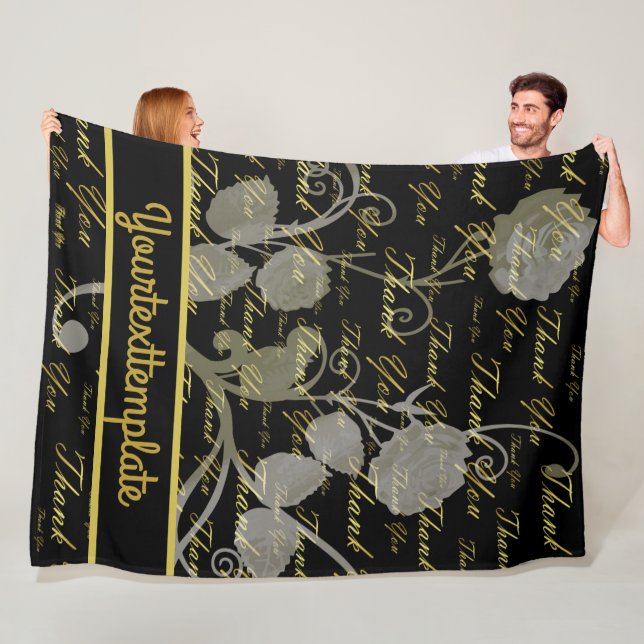 Svart, guld, silver, tack, blommor, blommigt. fleecefilt (På plats)