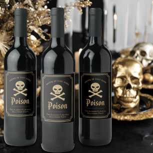 Svart & Guld Skalle Halloweenfest Förgiftning Vinflaska Etikett