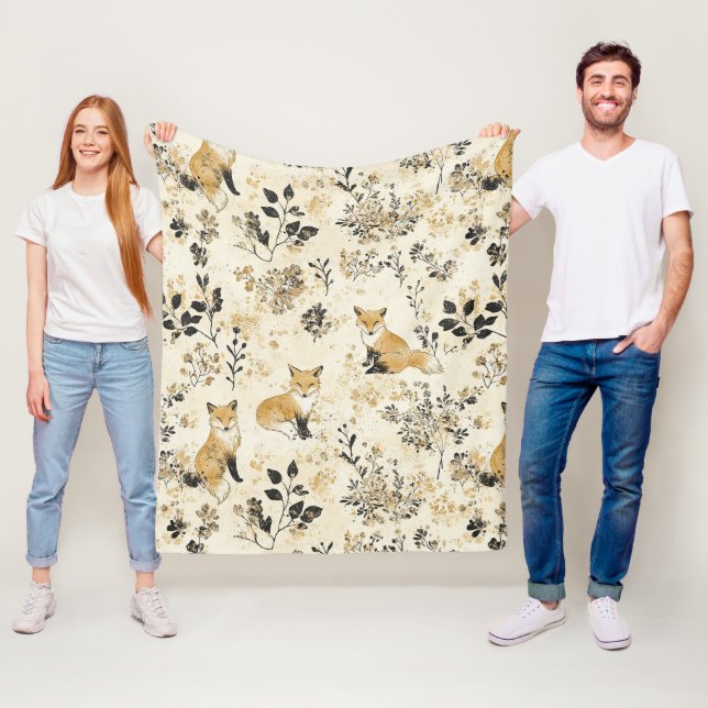 Svart Guld Skogsräv Blommönster Fleecefilt (På plats)