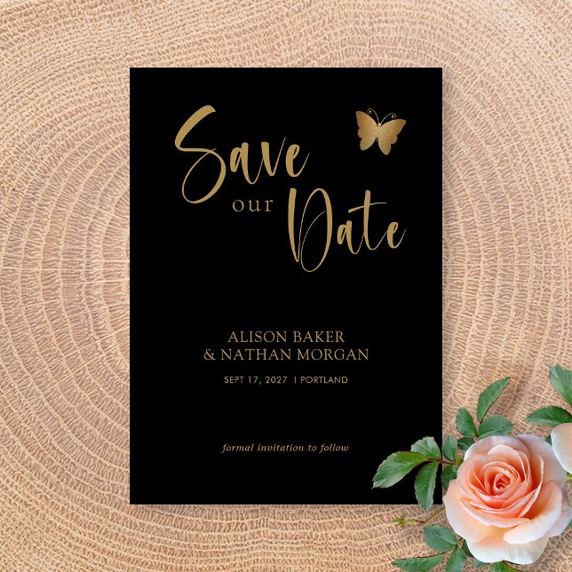 Svart & Guld skrift med glitter fjäril bröllop Spara Datumet (Black & Gold Script with Glitter Butterfly Wedding Save The Date)