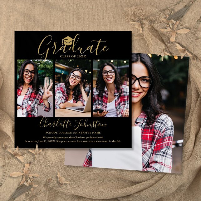 Svart Guld Skript 4 Foto Examenstecken Inbjudningar (Black Gold Script 4 Photo Graduation Announcement)