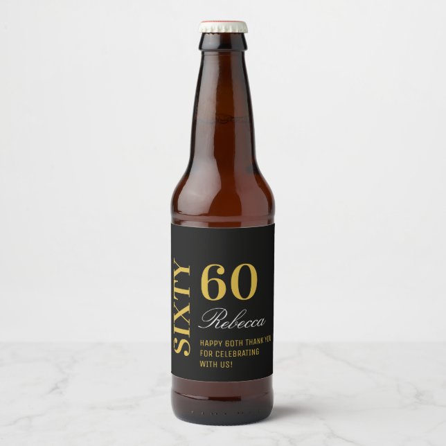 Svart & Guld-skript, 60:e födelsedagscocktail Part Ölflaska Etikett (Framsida)