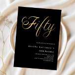 Svart guld-skript elegant 50-årsdag inbjudningar<br><div class="desc">En modern inbjudan till snyggt om en 50:e födelsedagsfest för både honom och henne. Den svarta bakgrunden och ord 50 skriven med stora faux guld brev. Anpassa och lägg till information om namn och party.</div>