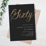Svart guld-skript, elegant 60-årsdag inbjudningar<br><div class="desc">En modern inbjudan till snyggt om en 60:e födelsedagsfest för både honom och henne. Svart bakgrund och ord 60 skriven med stor faux guld brev. Anpassa och lägg till information om namn och party.</div>