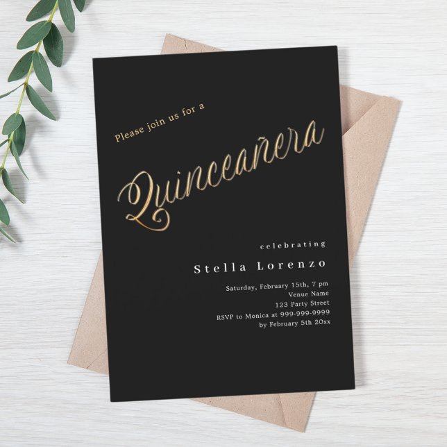 Svart guld-skript elegant Quinceanera lyxury Inbjudningar (Skapare uppladdad)