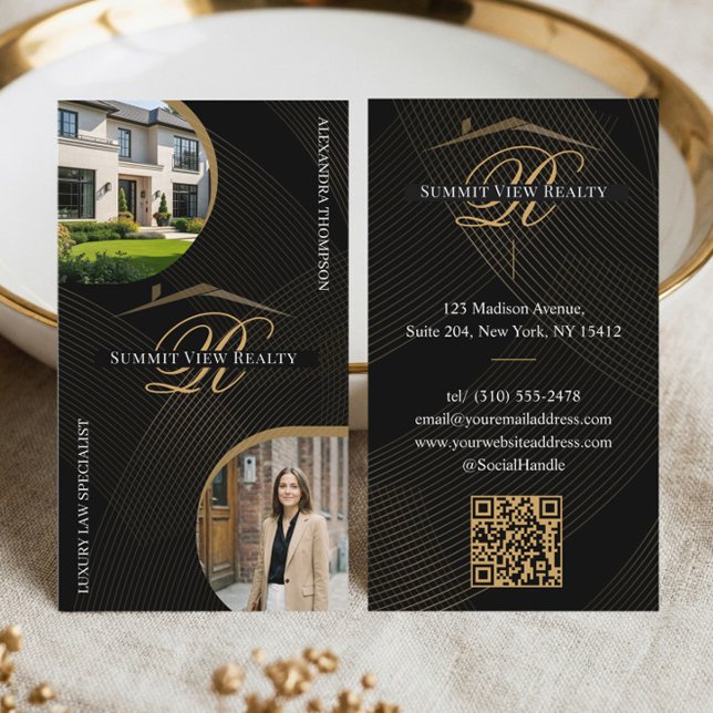 Svart Guld Skript Monogram Fastighetsmäklare Foto Visitkort (Black Gold Script Monogram Real Estate Agent Photo Business Card)
