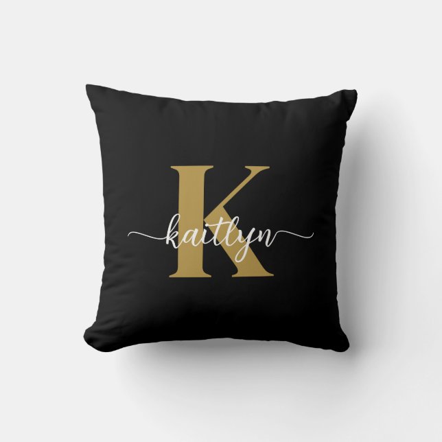 Svart Guld Skript Monogram Kudde (Framsida)
