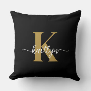 Svart Guld Skript Monogram Kudde