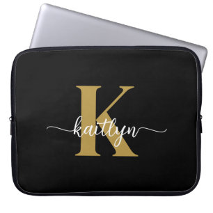 Svart Guld Skript Monogram Laptop Fodral