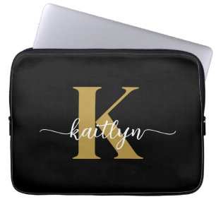 Svart Guld Skript Monogram Laptop Fodral