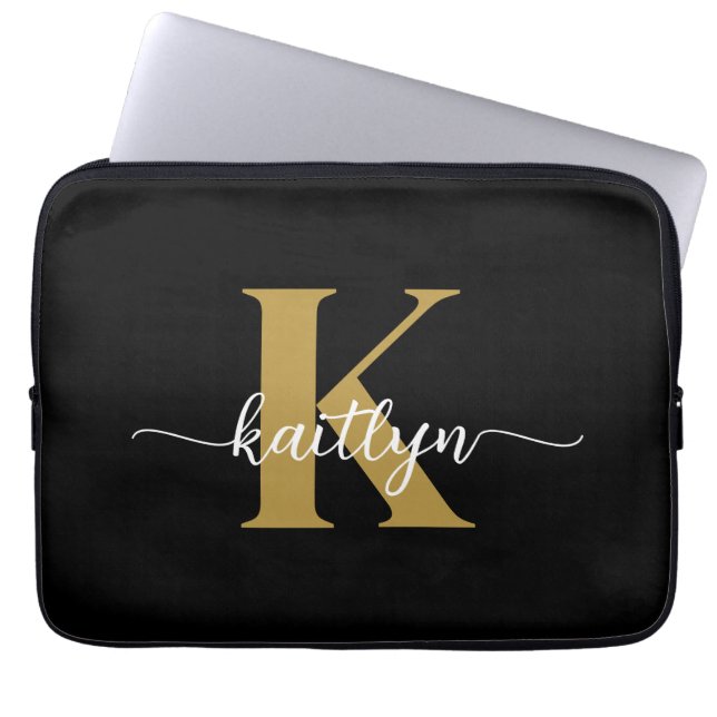 Svart Guld Skript Monogram Laptop Fodral (Framsidan)
