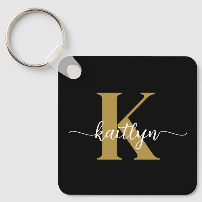 Svart Guld Skript Monogram Nyckelring (Framsida)