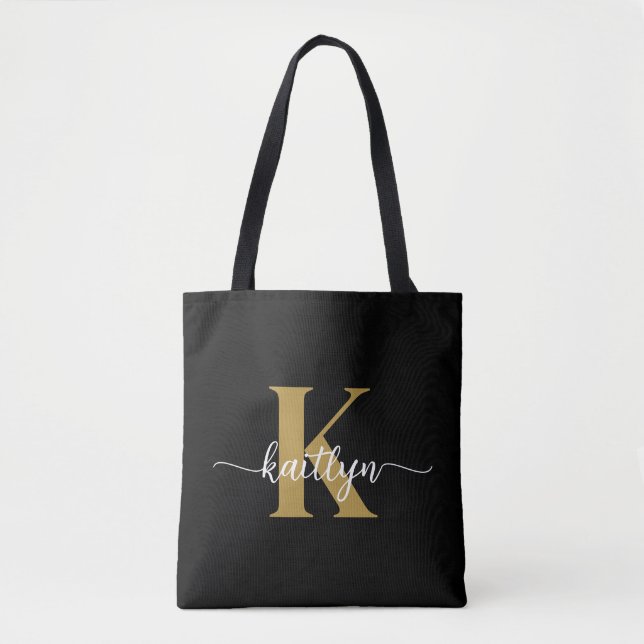 Svart Guld Skript Monogram Tygkasse (Framsida)