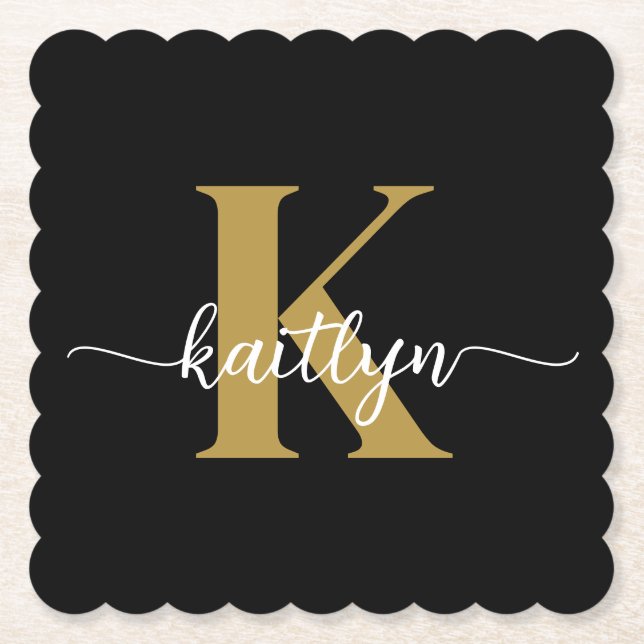 Svart Guld Skript Monogram Underlägg Papper (Framsida)