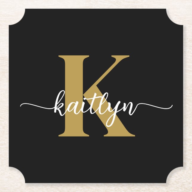Svart Guld Skript Monogram Underlägg Papper (Framsida)