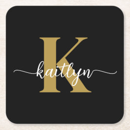 Svart Guld Skript Monogram Underlägg Papper Kvadrat