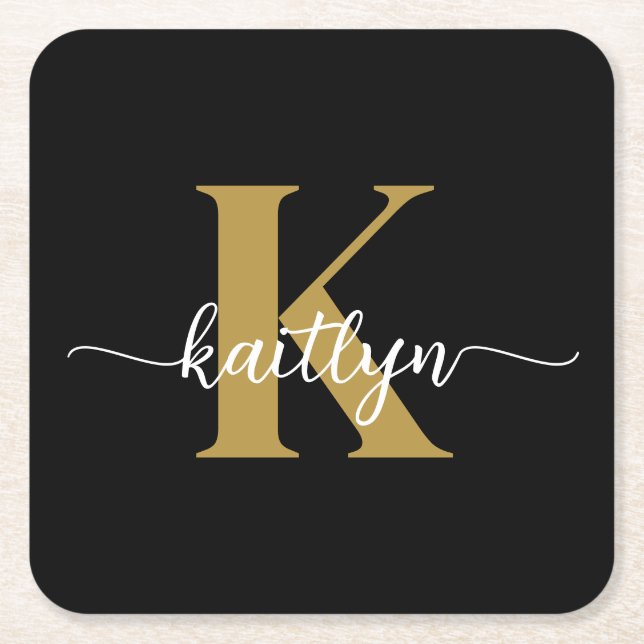 Svart Guld Skript Monogram Underlägg Papper Kvadrat (Framsidan)
