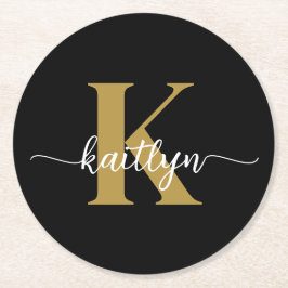 Svart Guld Skript Monogram Underlägg Papper Rund