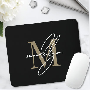 Svart Guld Skript Namn Initial Monogram Musmatta
