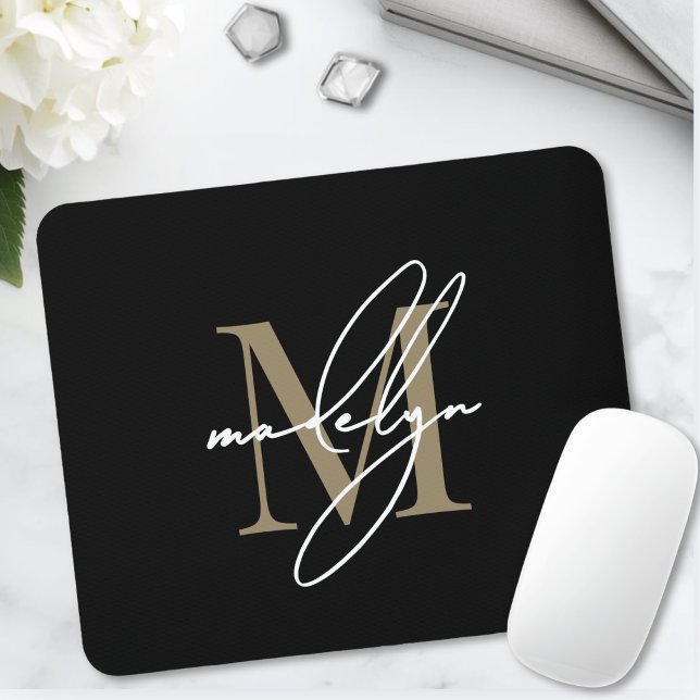 Svart Guld Skript Namn Initial Monogram Musmatta (Black Gold Script Name Initial Monogram Mouse Pad )