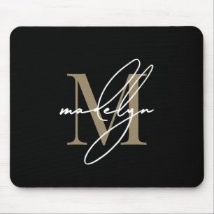 Svart Guld Skript Namn Initial Monogram Musmatta